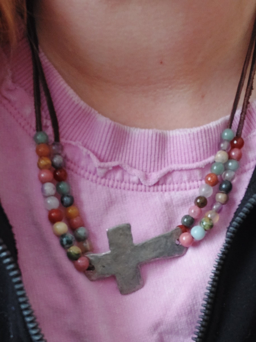 Handmade Multicolor Beaded Cross Necklace On Leather Cord